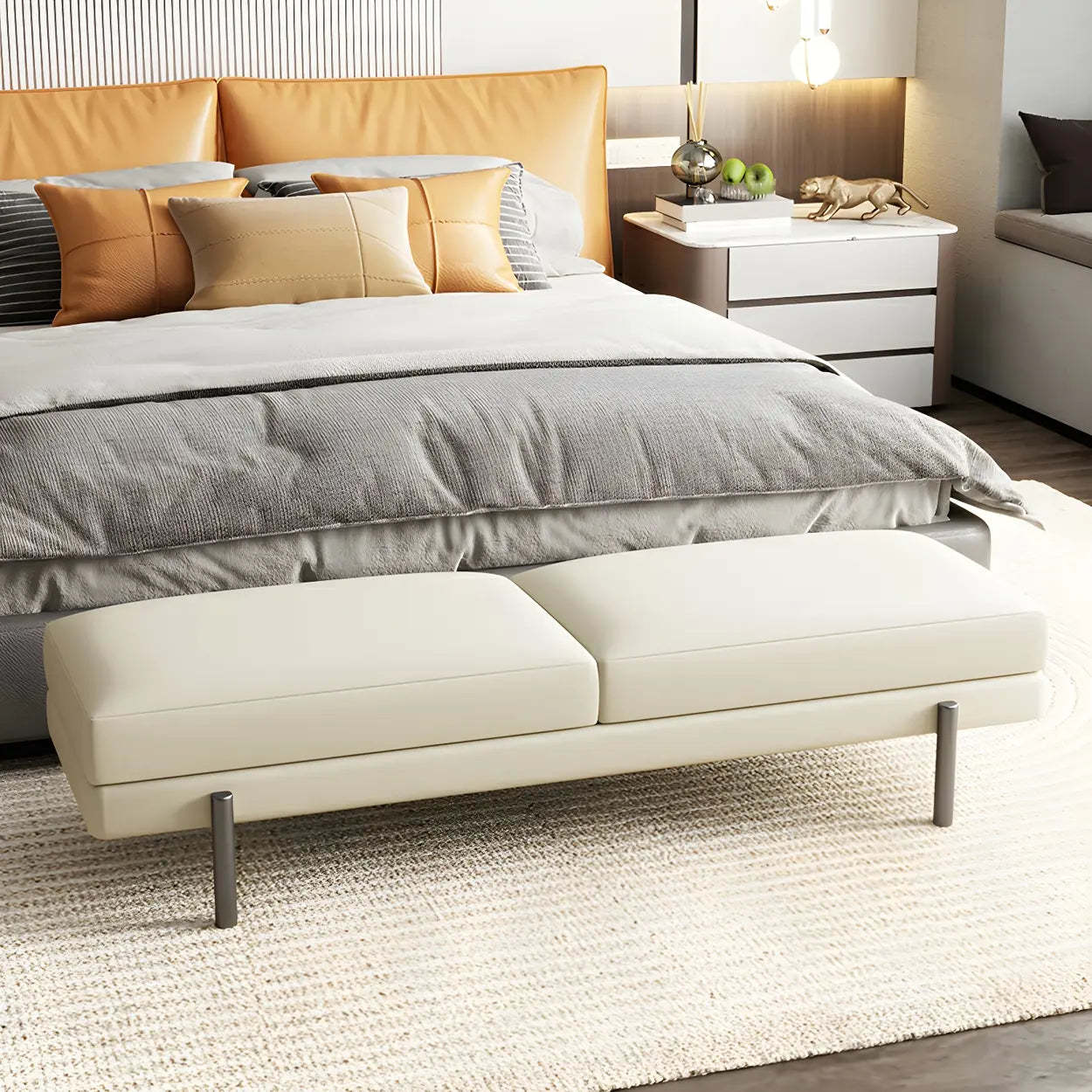 Orange Upholstered Short Bedroom Bench — Light Gray