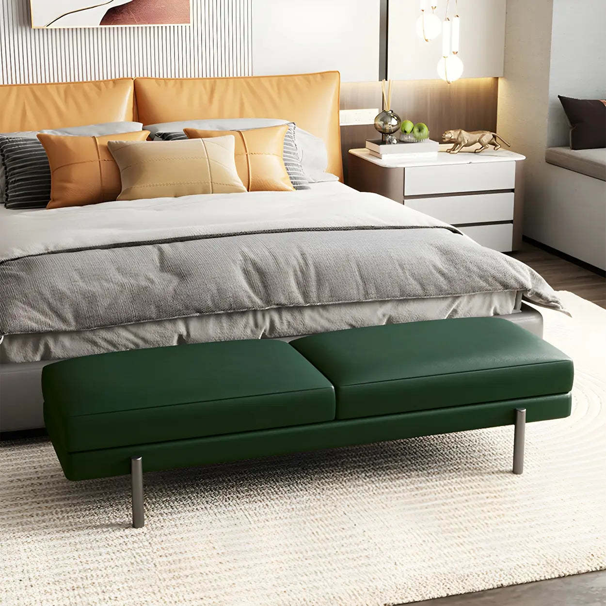 Orange Upholstered Short Bedroom Bench — Light Green