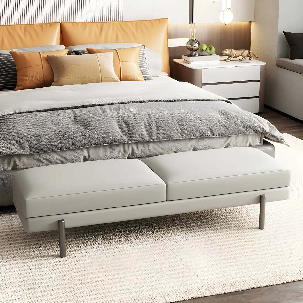 Orange Upholstered Short Bedroom Bench — Light Gray