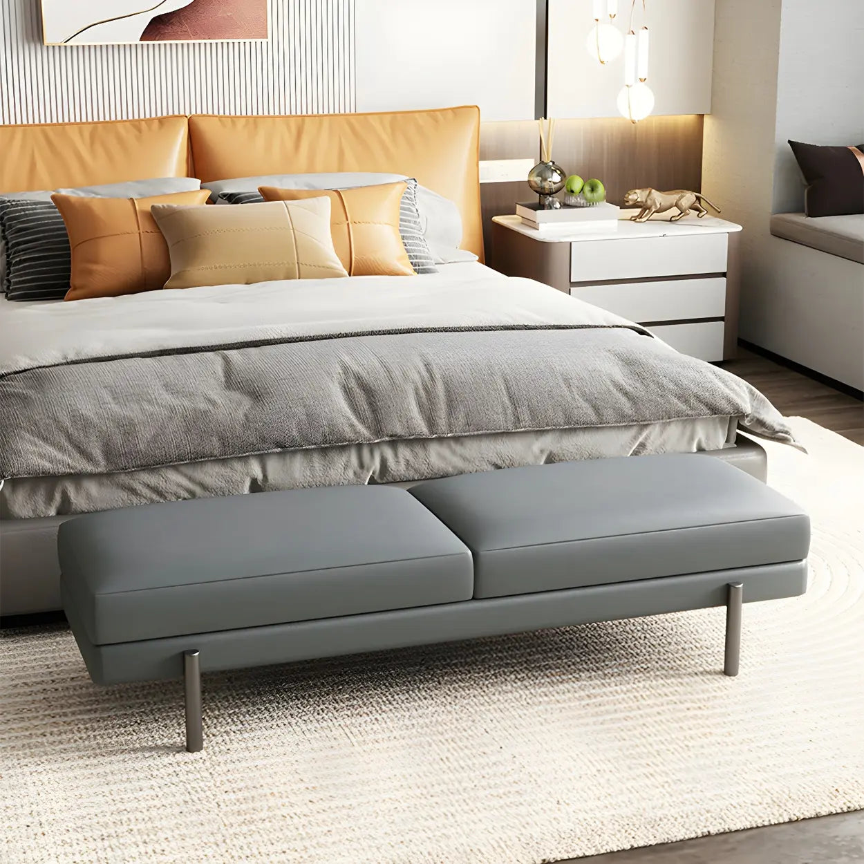 Orange Upholstered Short Bedroom Bench — Apricot