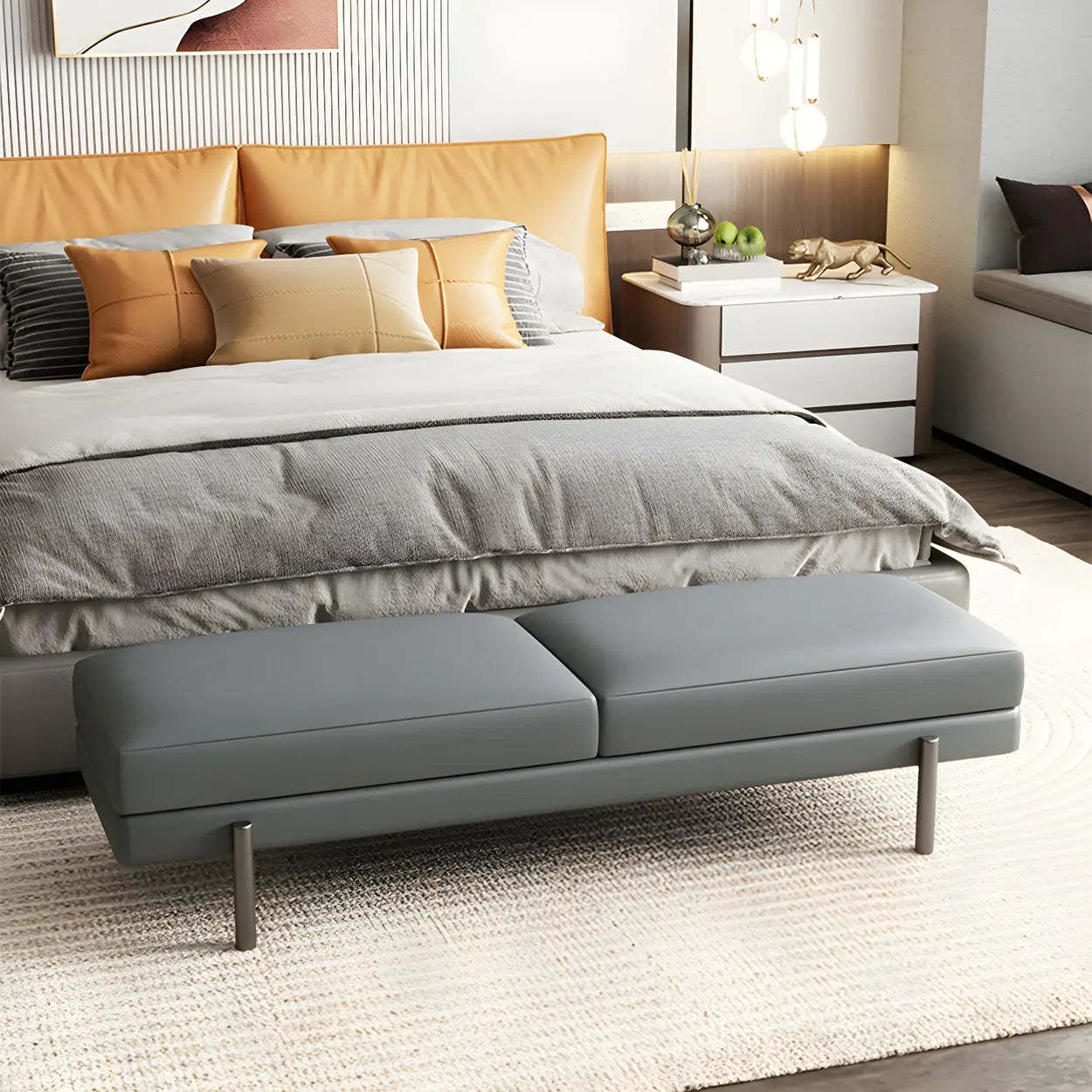 Orange Upholstered Short Bedroom Bench — Apricot