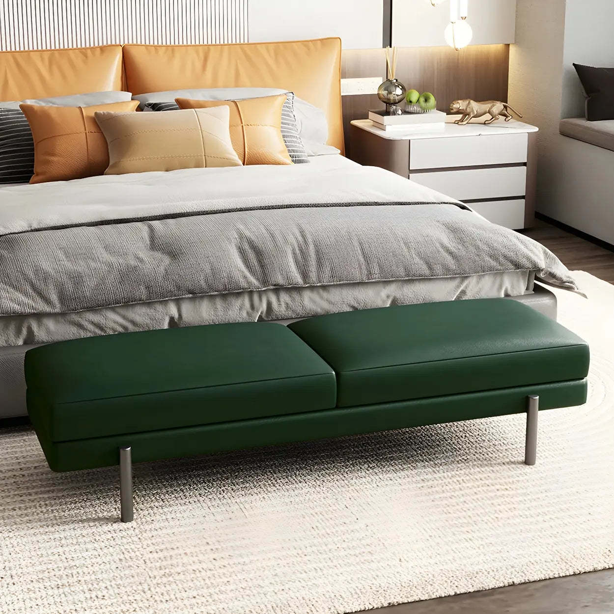 Modern orange upholstered gray shoe benches — 59"L x 16"W x 16"H / Blackish Green