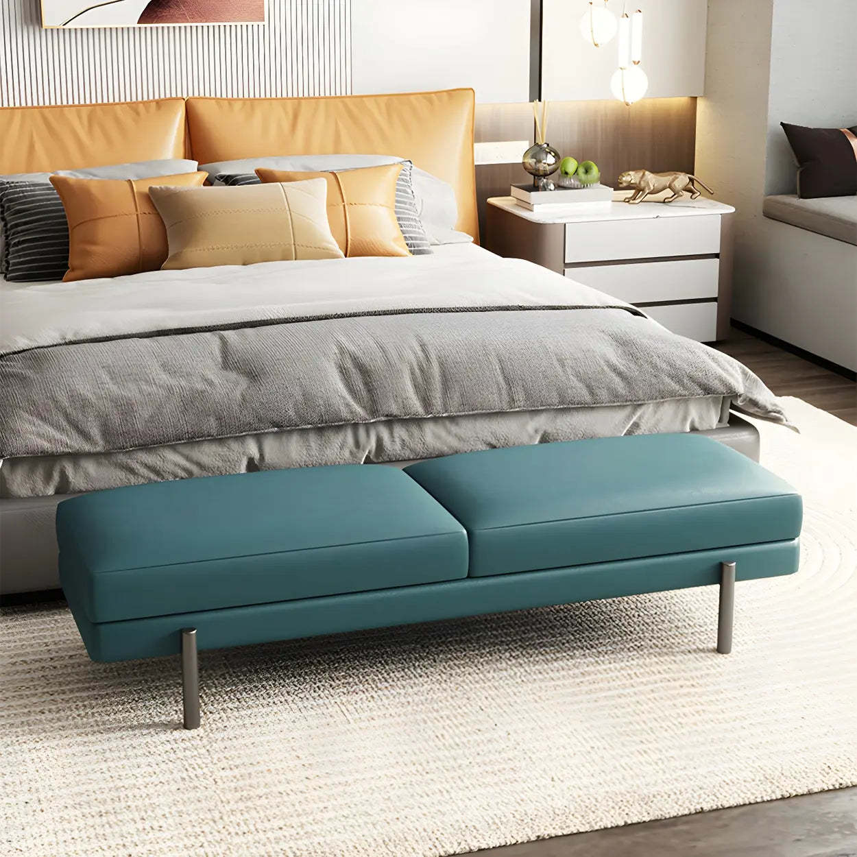 Orange Upholstered Short Bedroom Bench — Brown/ Yellow
