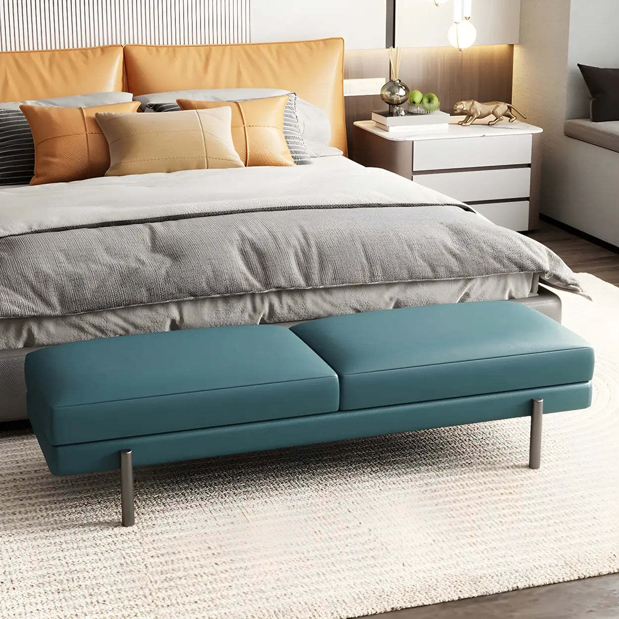Orange Upholstered Short Bedroom Bench — Blue