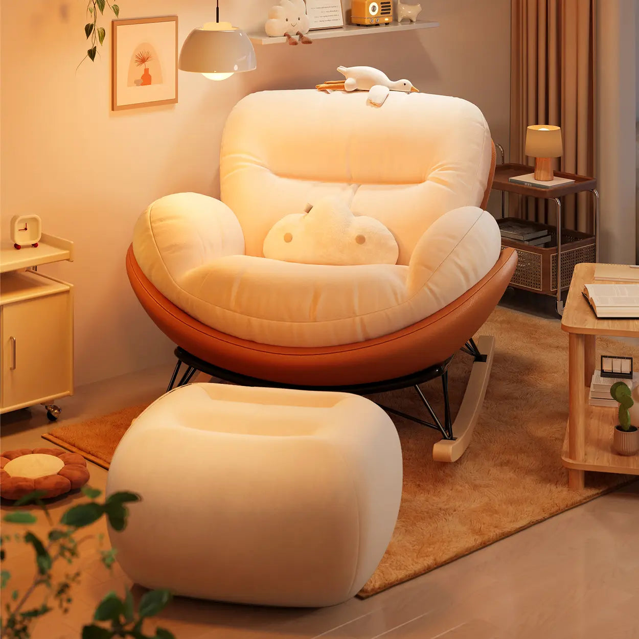 Orange Wood-Leg Small Rocking Chair