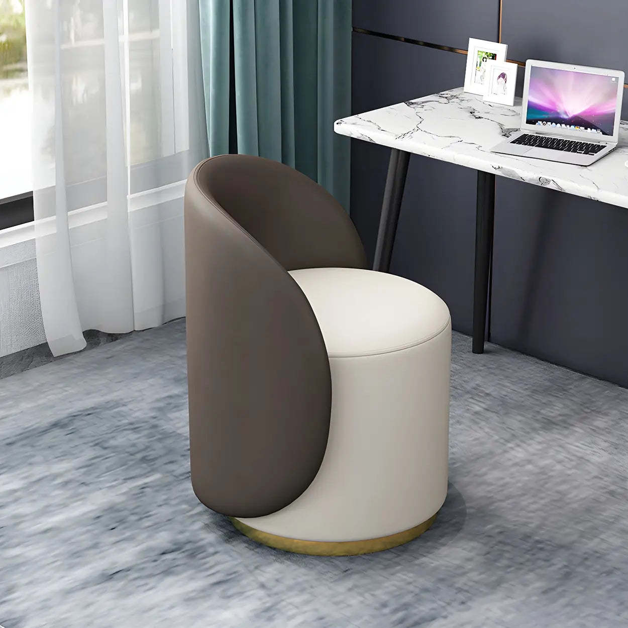 Orange-White Recessed-Arm Low-Back Barrel Vanity Stool — Dark Gray-White / Swivel