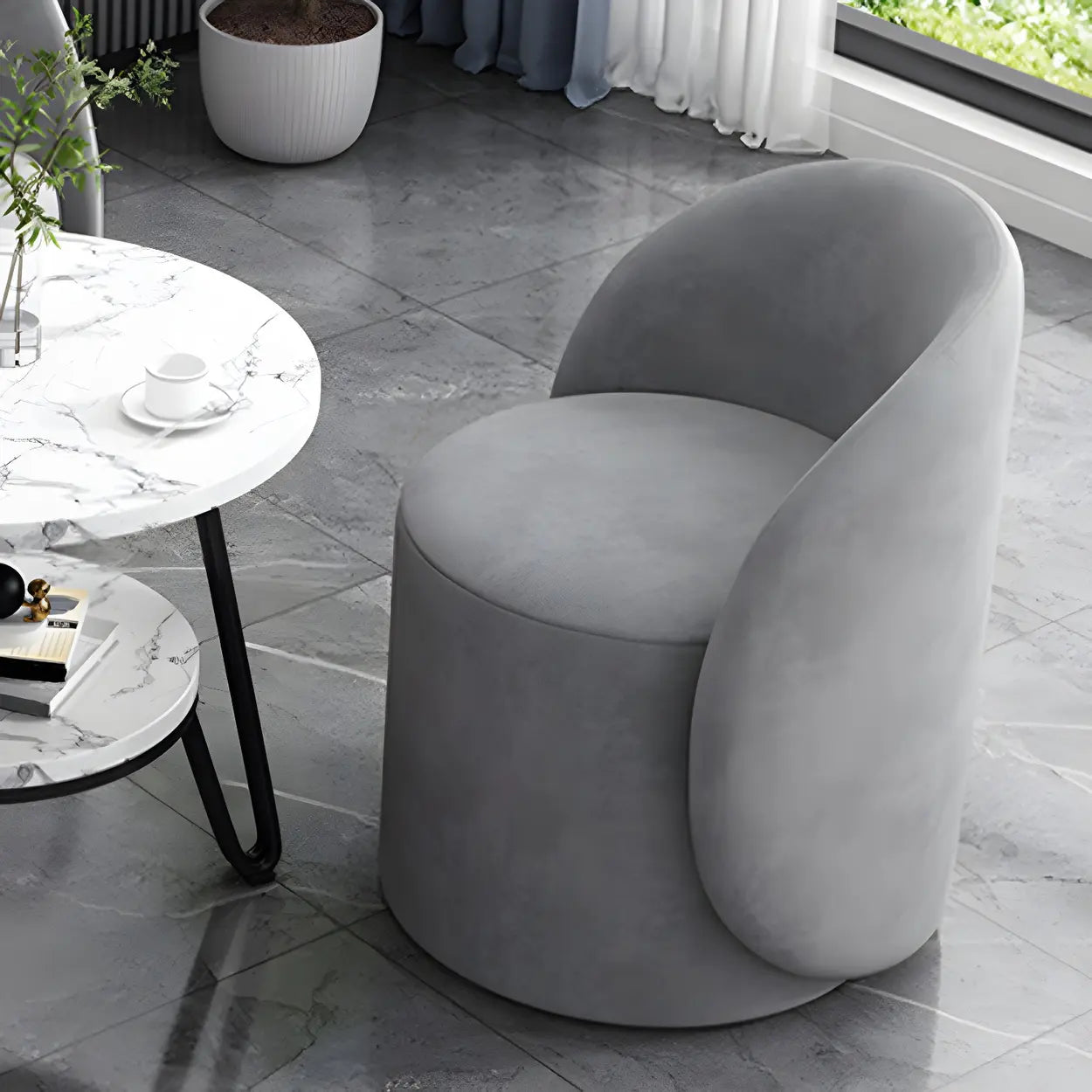 Orange-White Recessed-Arm Low-Back Barrel Vanity Stool — Coffee-White / Swivel