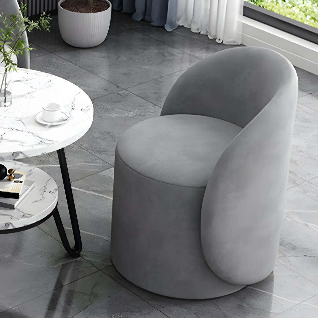 Orange-White Recessed-Arm Low-Back Barrel Vanity Stool — Coffee-White / Swivel