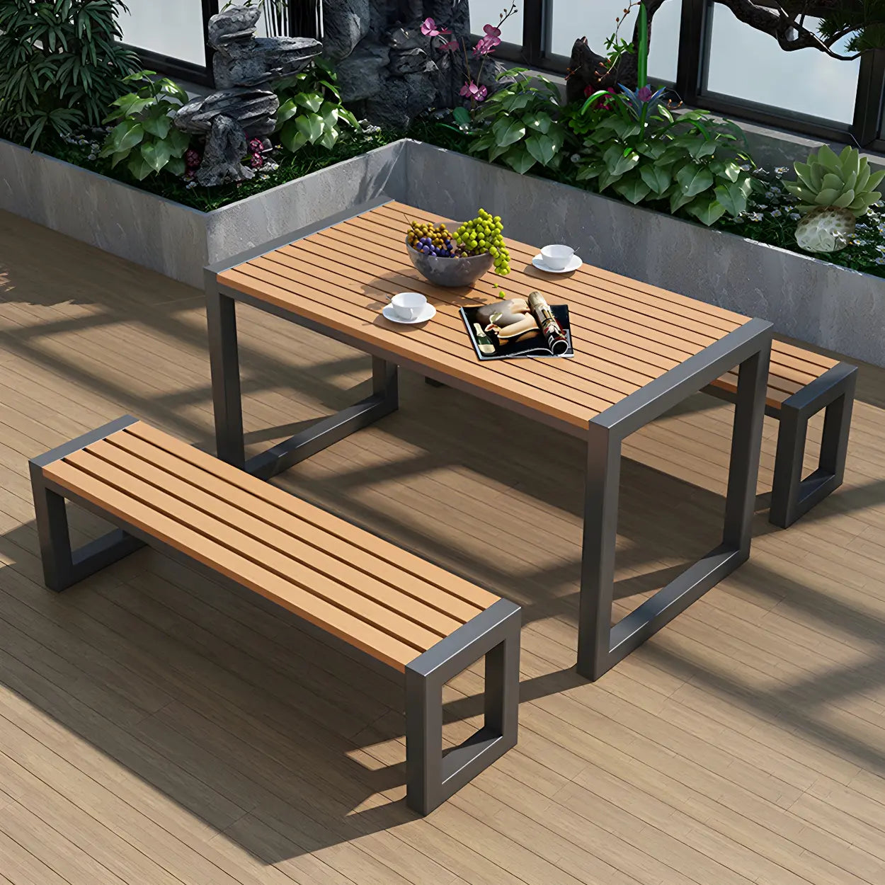 Black Waterproof Metal Rectangular Outdoor Coffee Table — White / Table Only