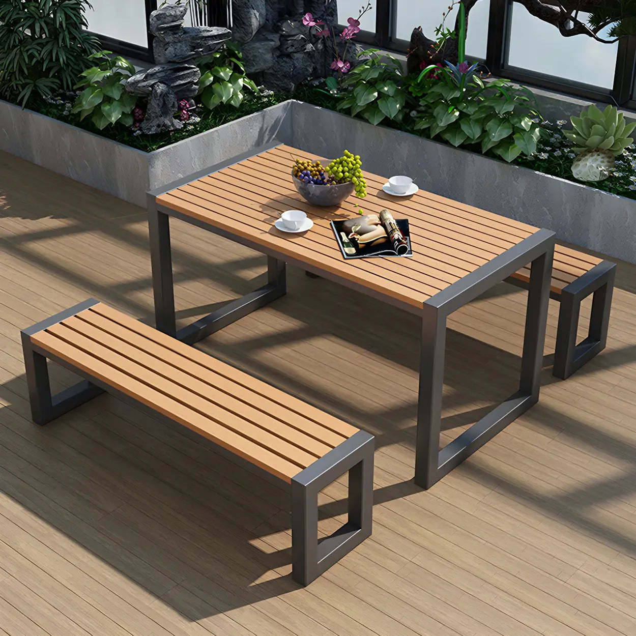 Black Waterproof Metal Rectangular Outdoor Coffee Table — White / Table Only