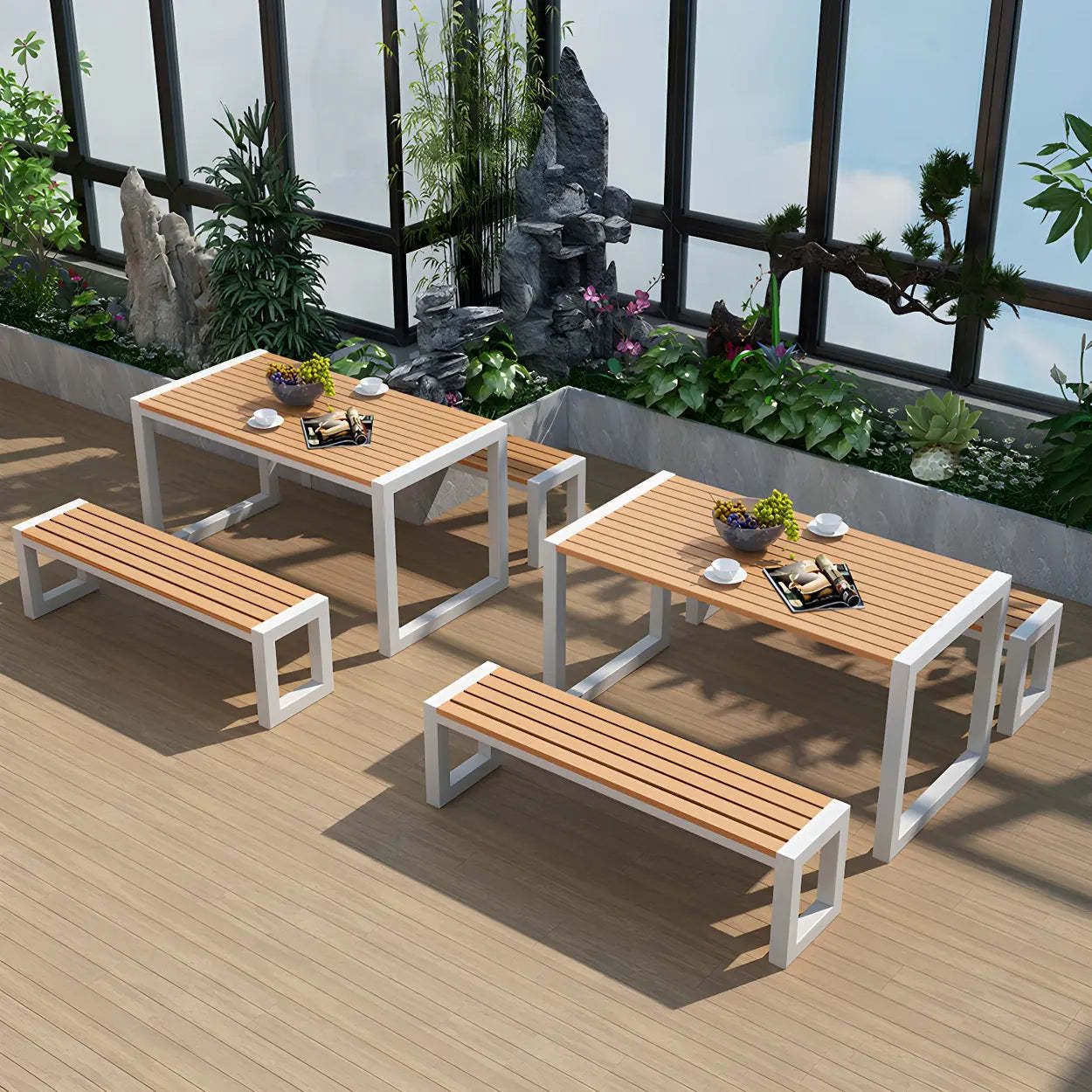 Black Waterproof Metal Rectangular Outdoor Coffee Table — Natural/ White / Table Only