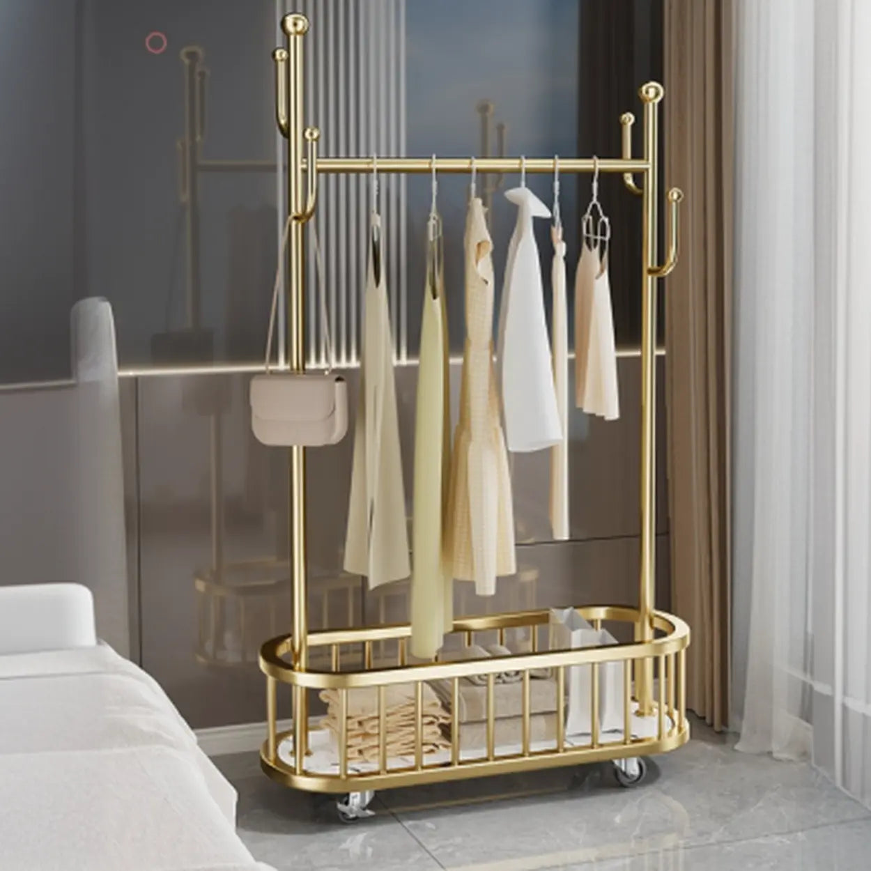 Oval Gold Metal Basket Coat Rack with Hooks — Black