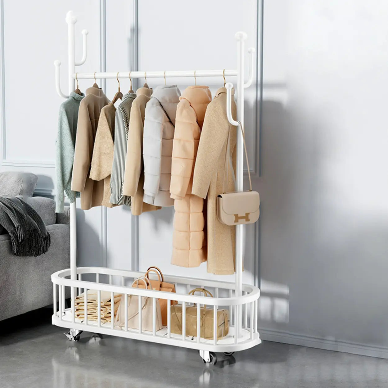 Oval Gold Metal Basket Coat Rack with Hooks