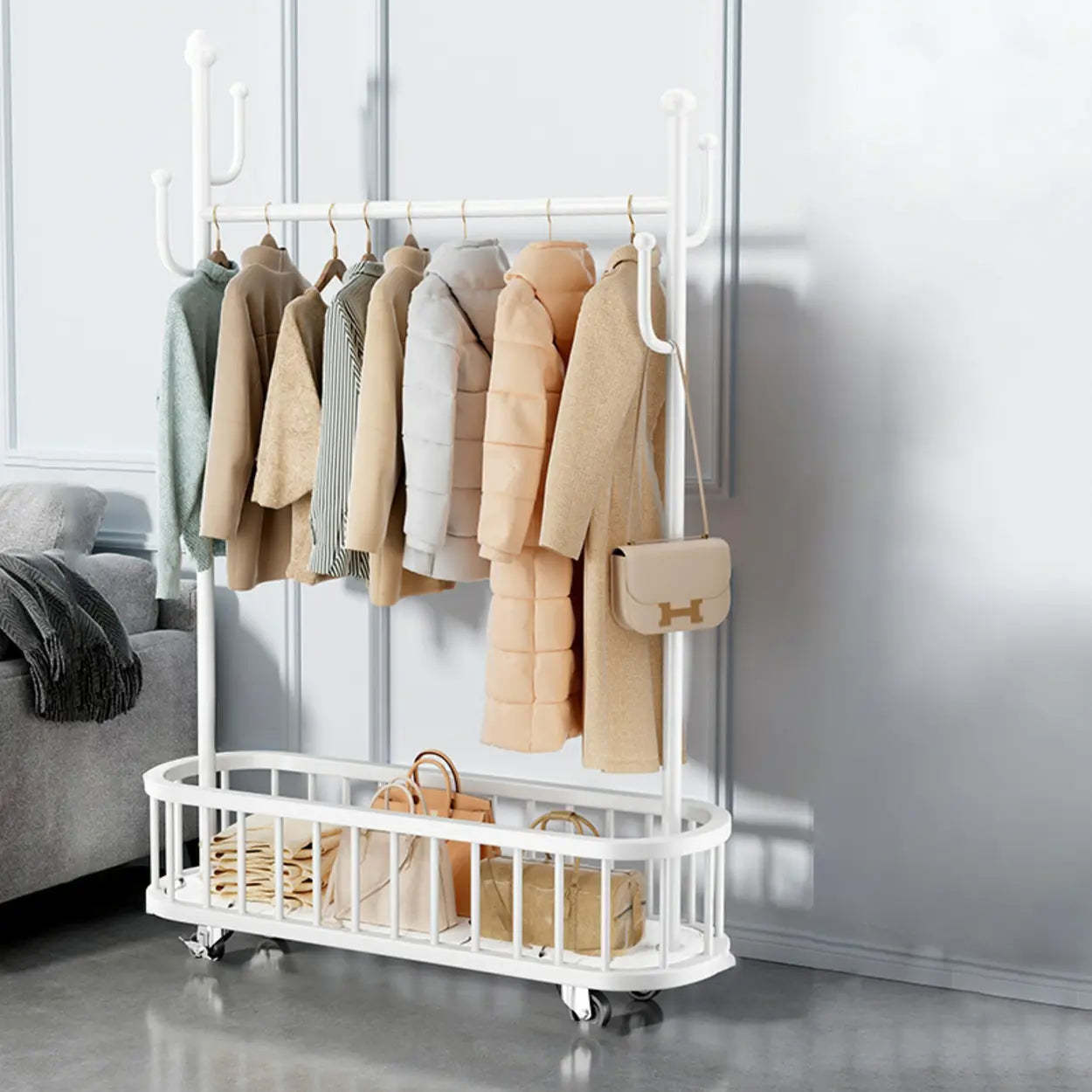 Oval Gold Metal Basket Coat Rack with Hooks