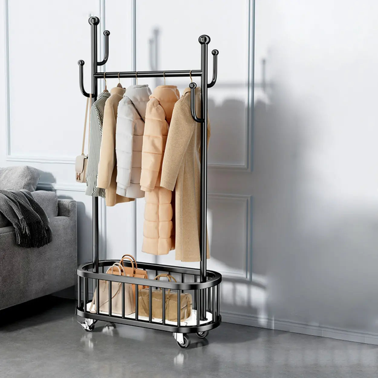Oval Gold Metal Basket Coat Rack with Hooks