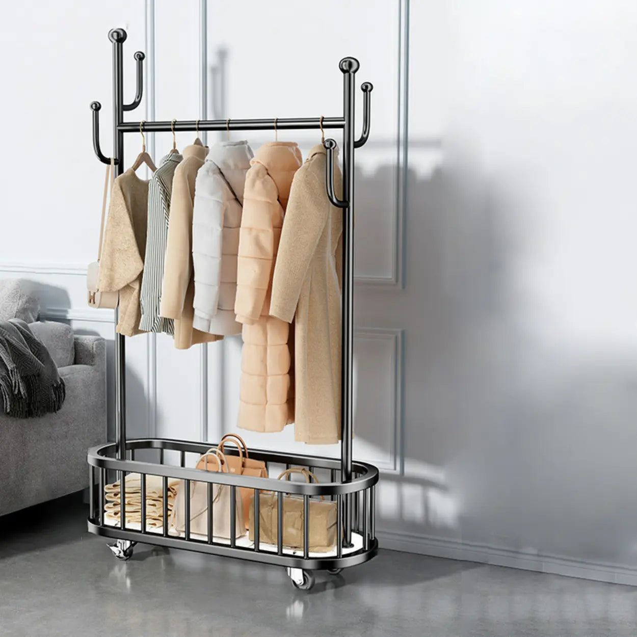 Oval Gold Metal Basket Coat Rack with Hooks