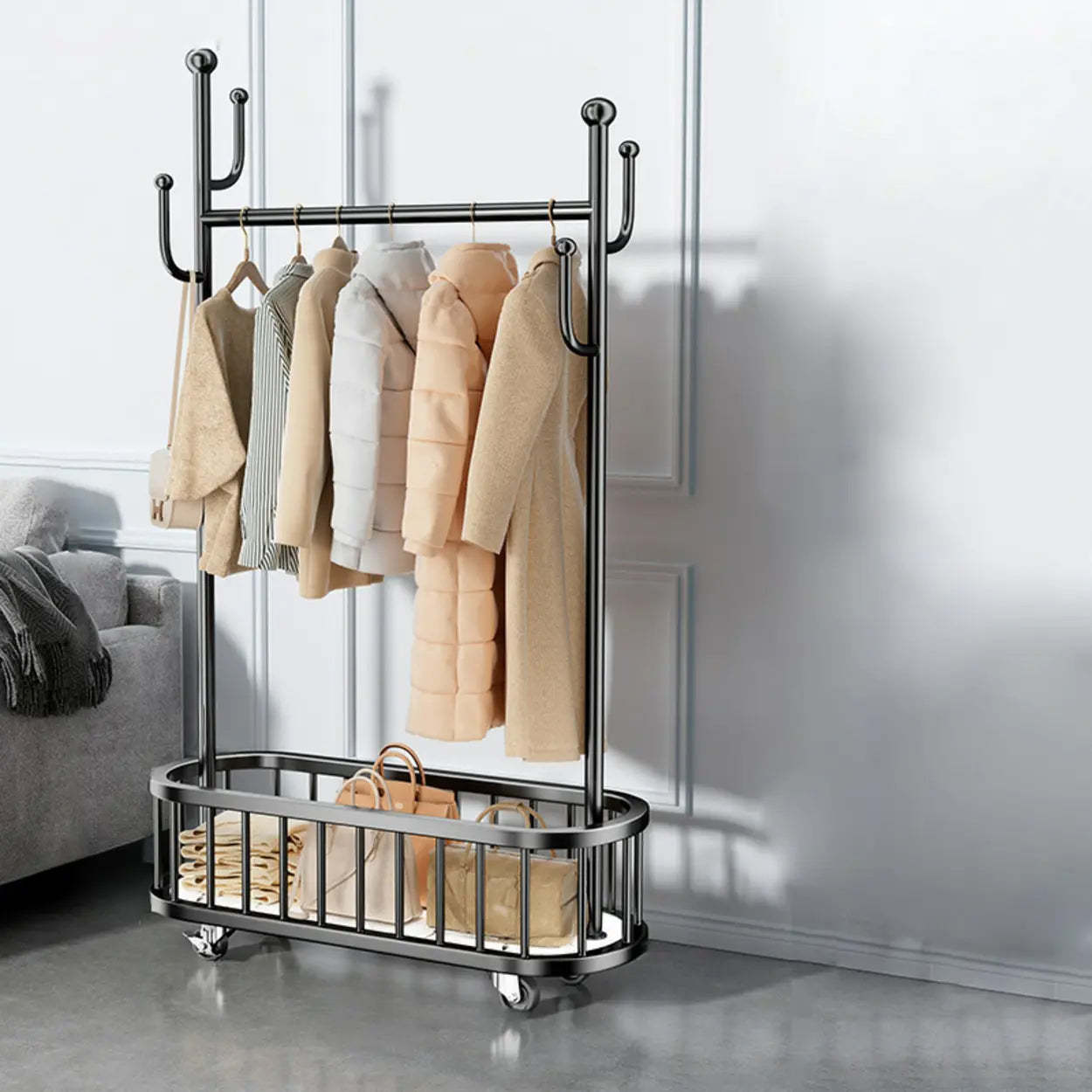 Oval Gold Metal Basket Coat Rack with Hooks