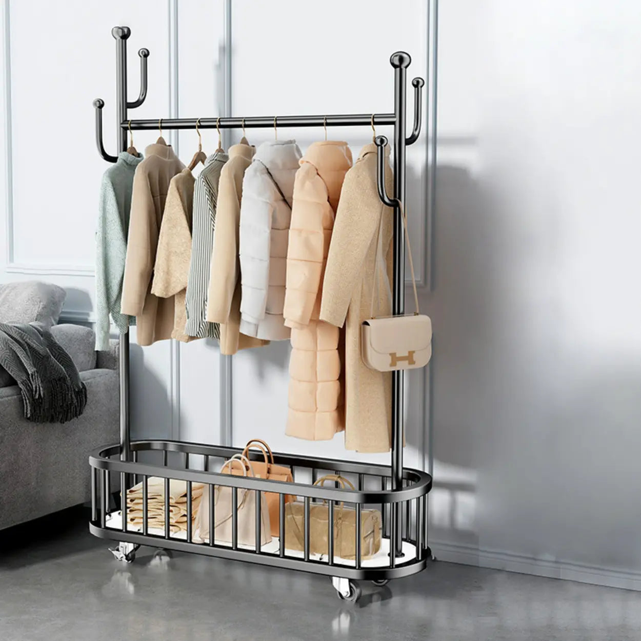 Oval Gold Metal Basket Coat Rack with Hooks