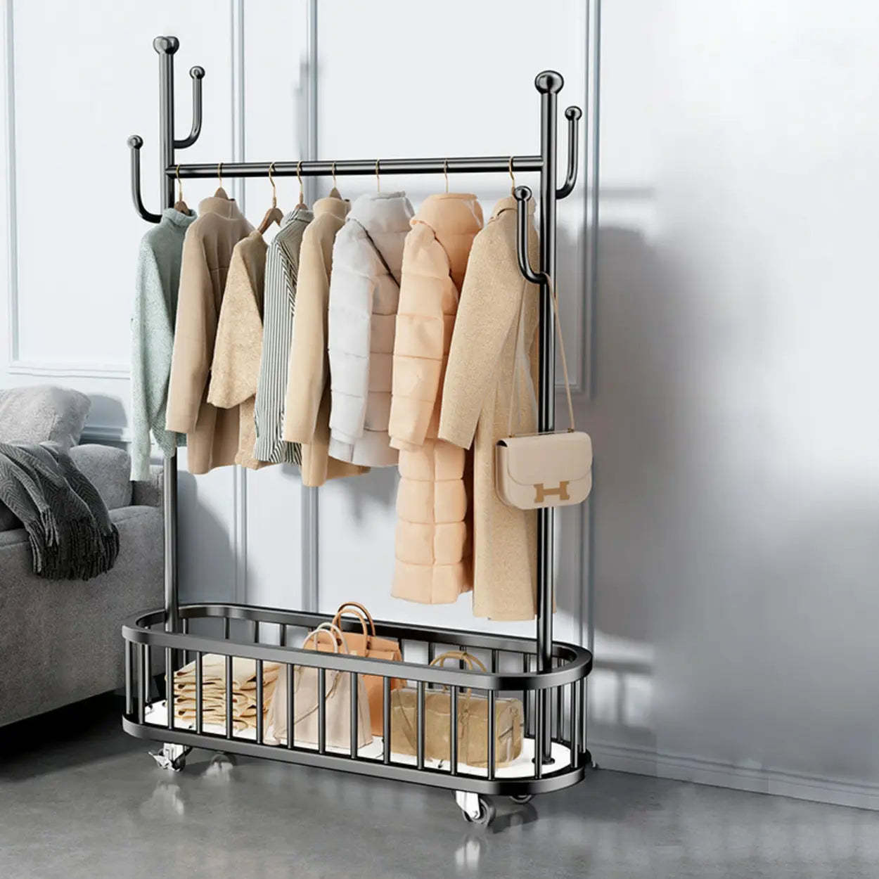 Oval Gold Metal Basket Coat Rack with Hooks