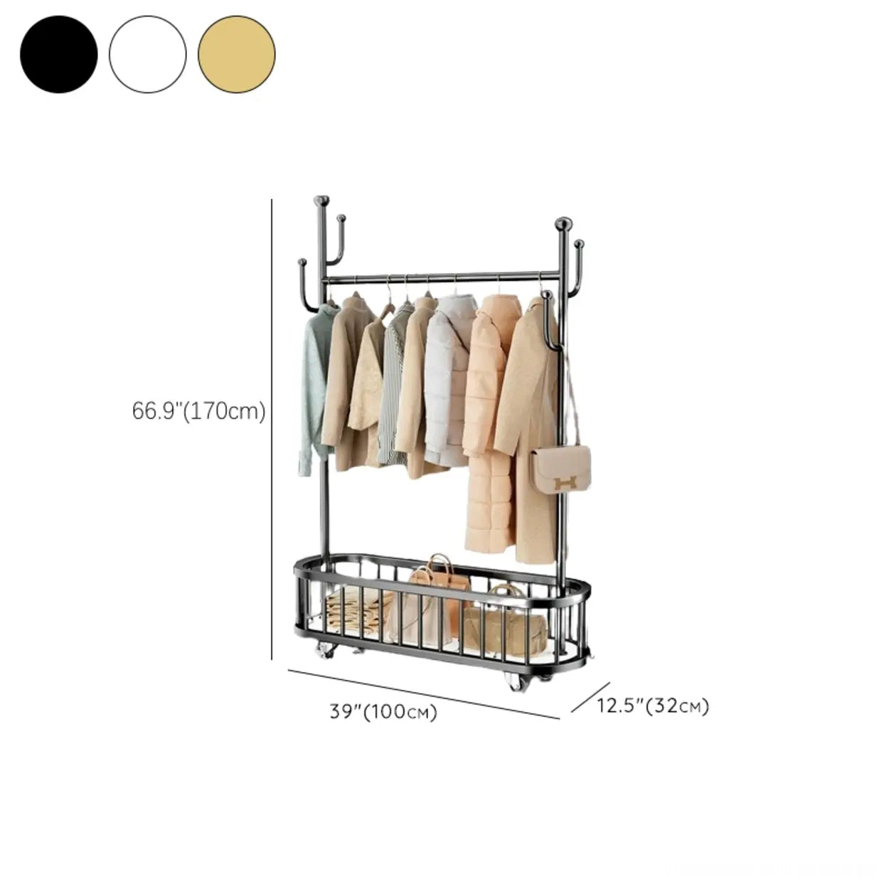 Oval Gold Metal Basket Coat Rack with Hooks