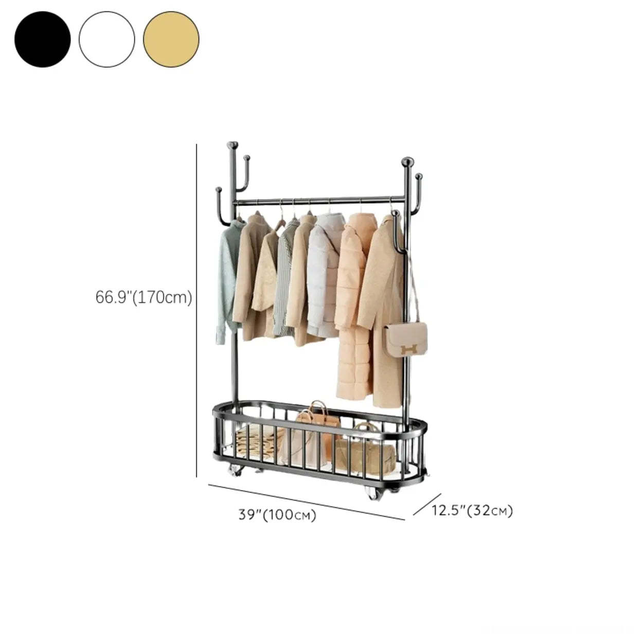Oval Gold Metal Basket Coat Rack with Hooks