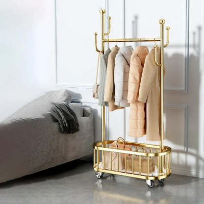 Oval Gold Metal Basket Coat Rack with Hooks — Black