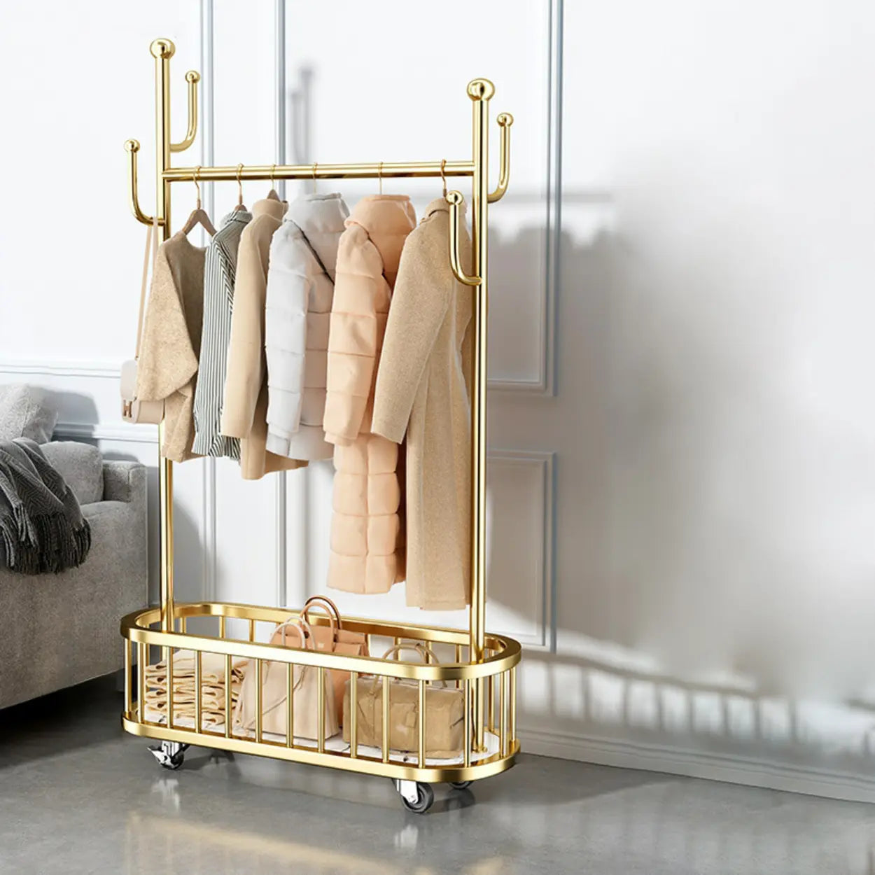 Oval Gold Metal Basket Coat Rack with Hooks — Black