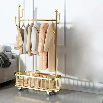 Oval Gold Metal Basket Coat Rack with Hooks — Black