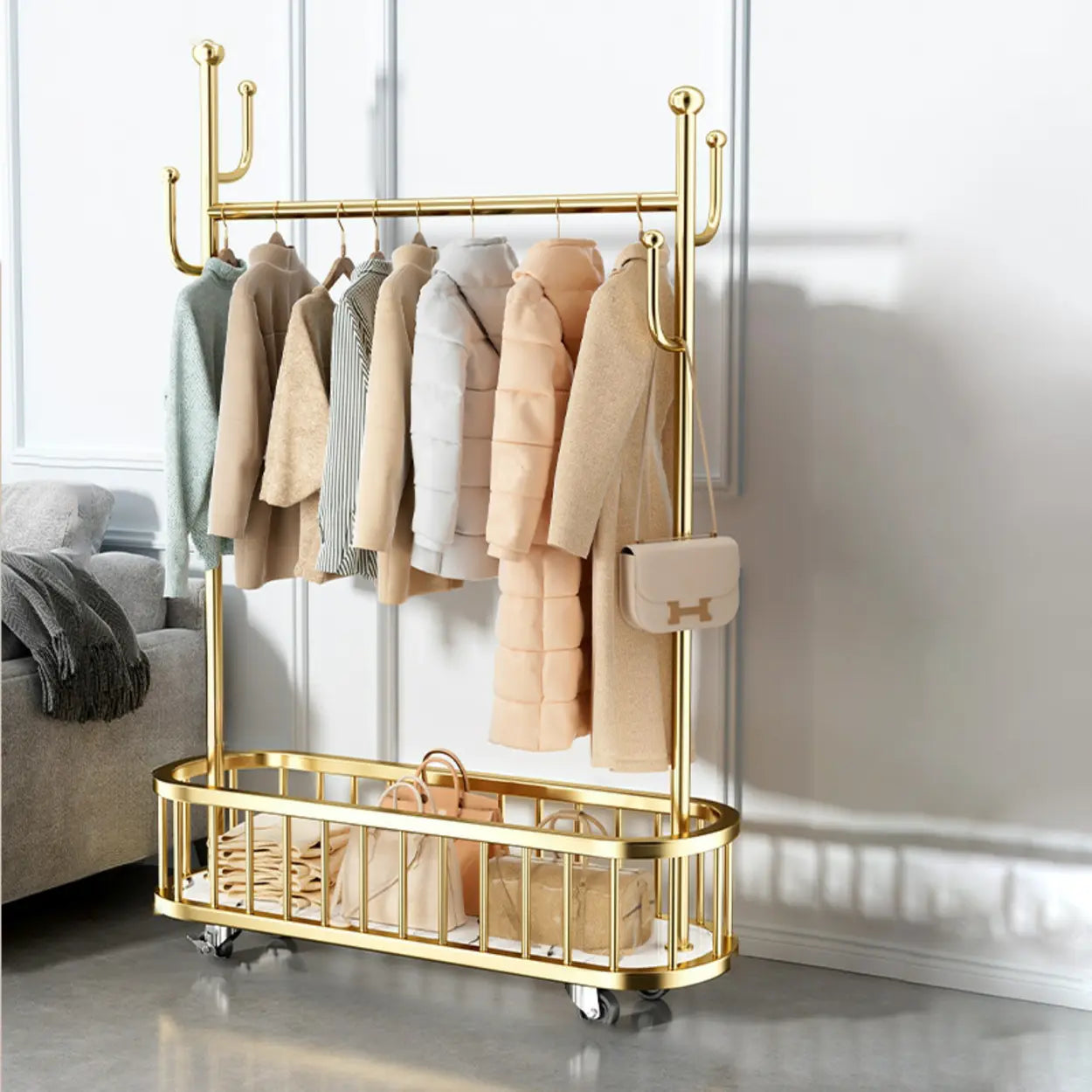 Oval Gold Metal Basket Coat Rack with Hooks — Gold