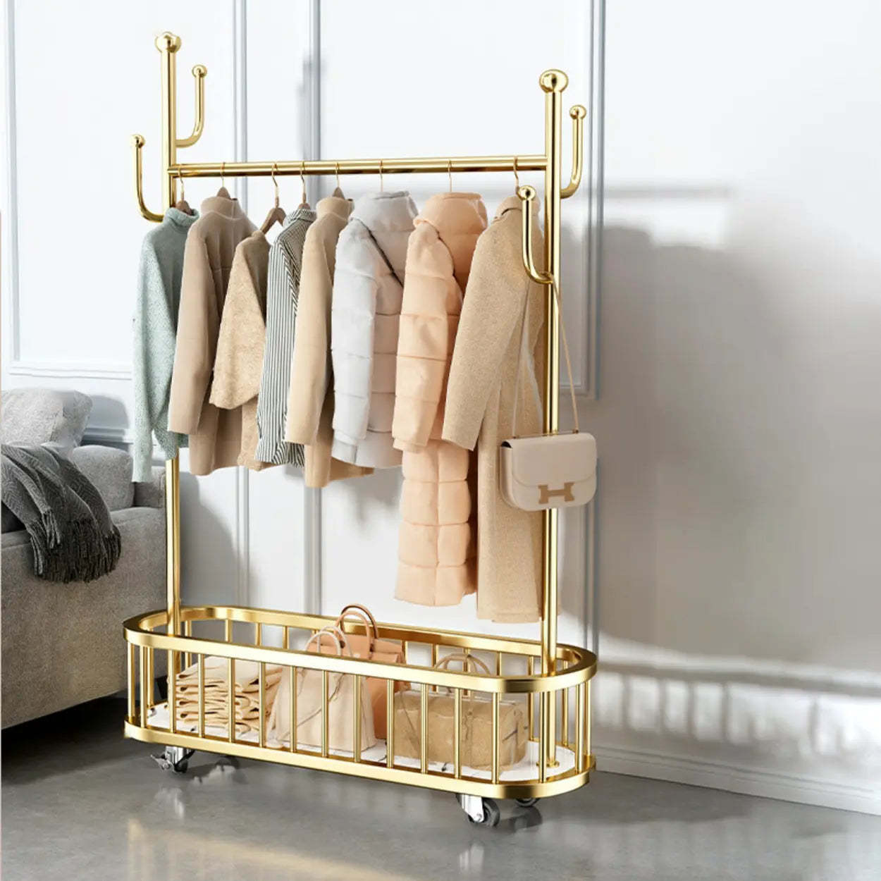 Oval Gold Metal Basket Coat Rack with Hooks — Gold
