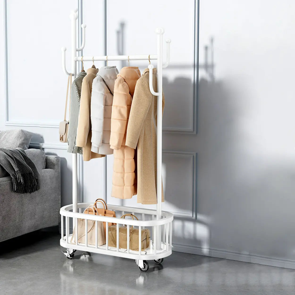 Oval Gold Metal Basket Coat Rack with Hooks — White