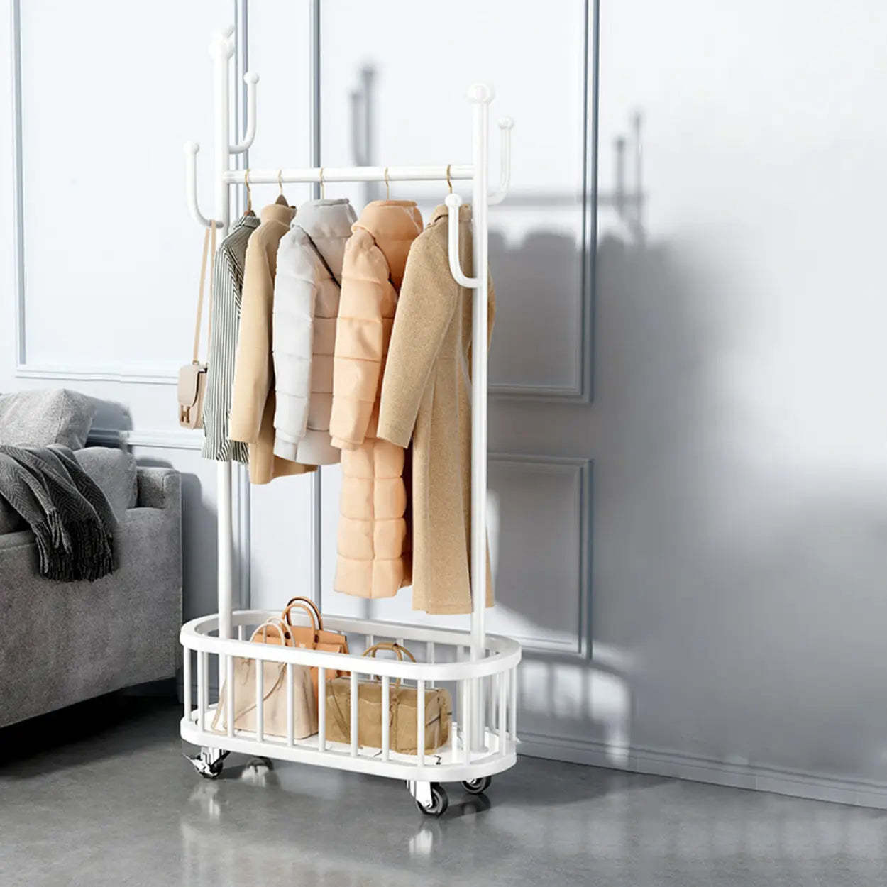 Oval Gold Metal Basket Coat Rack with Hooks — White