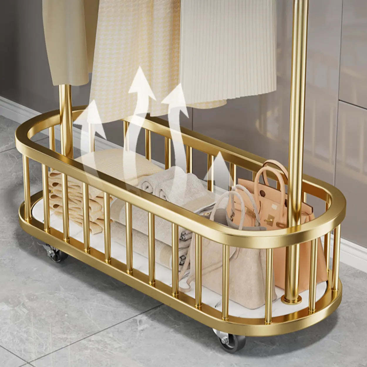 Oval Gold Metal Basket Coat Rack with Hooks — White