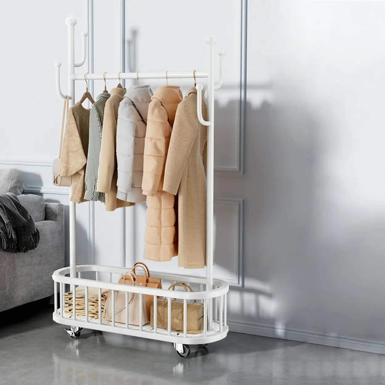 Oval Gold Metal Basket Coat Rack with Hooks — White