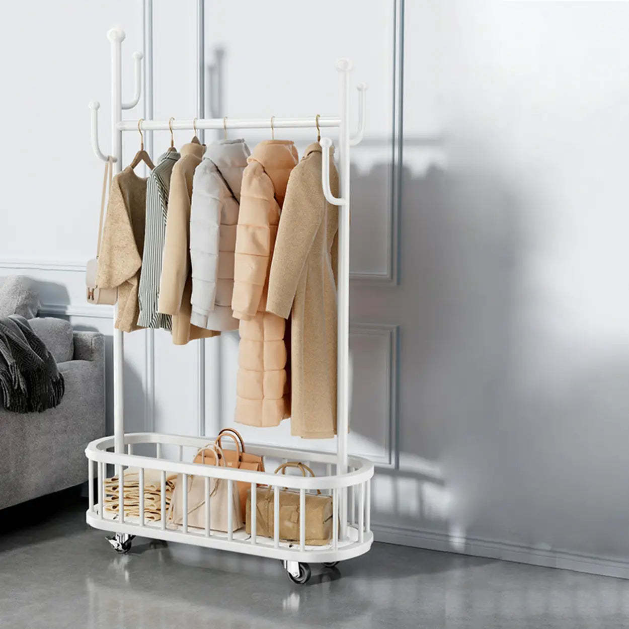 Oval Gold Metal Basket Coat Rack with Hooks — White
