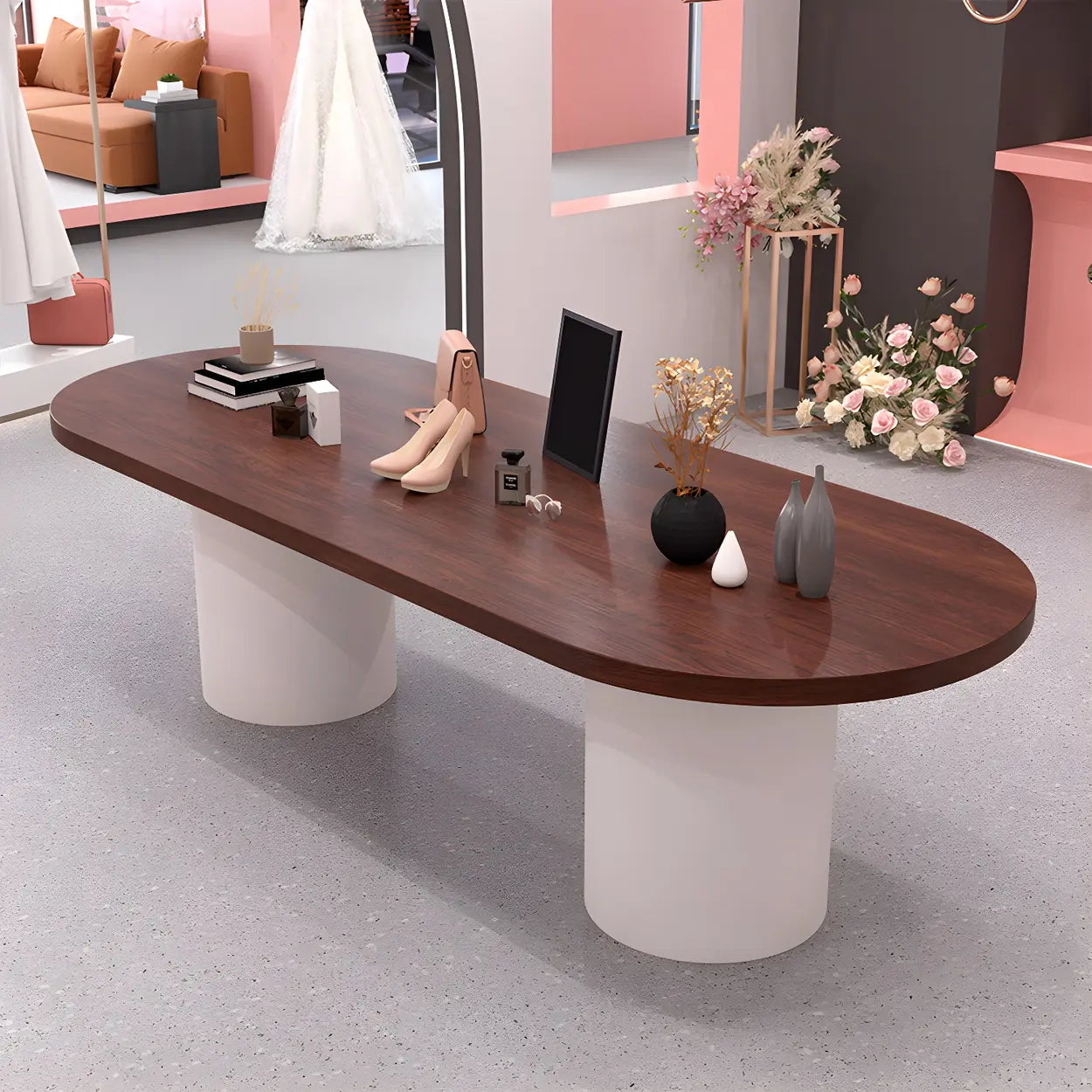 Oval Brown Wood Top White Base Reception Desk