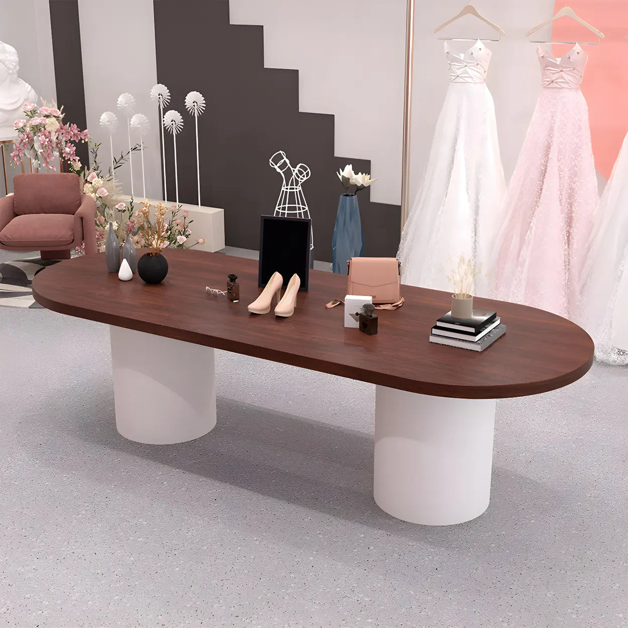 Oval Brown Wood Top White Base Reception Desk — Table Only