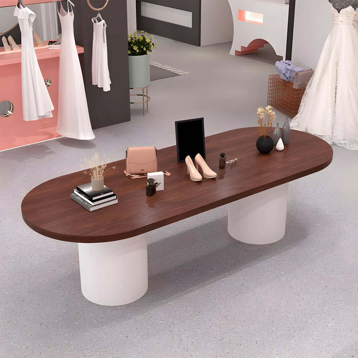 Oval Brown Wood Top White Base Reception Desk — Table Only