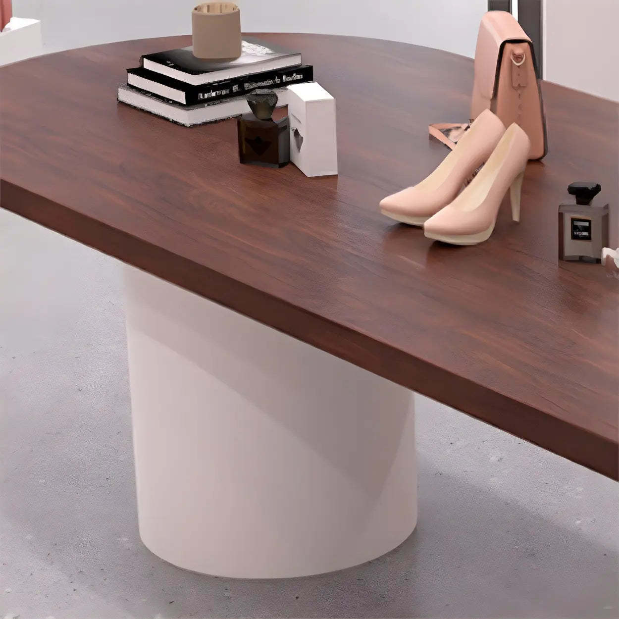 Oval Brown Wood Top White Base Reception Desk — Table Only