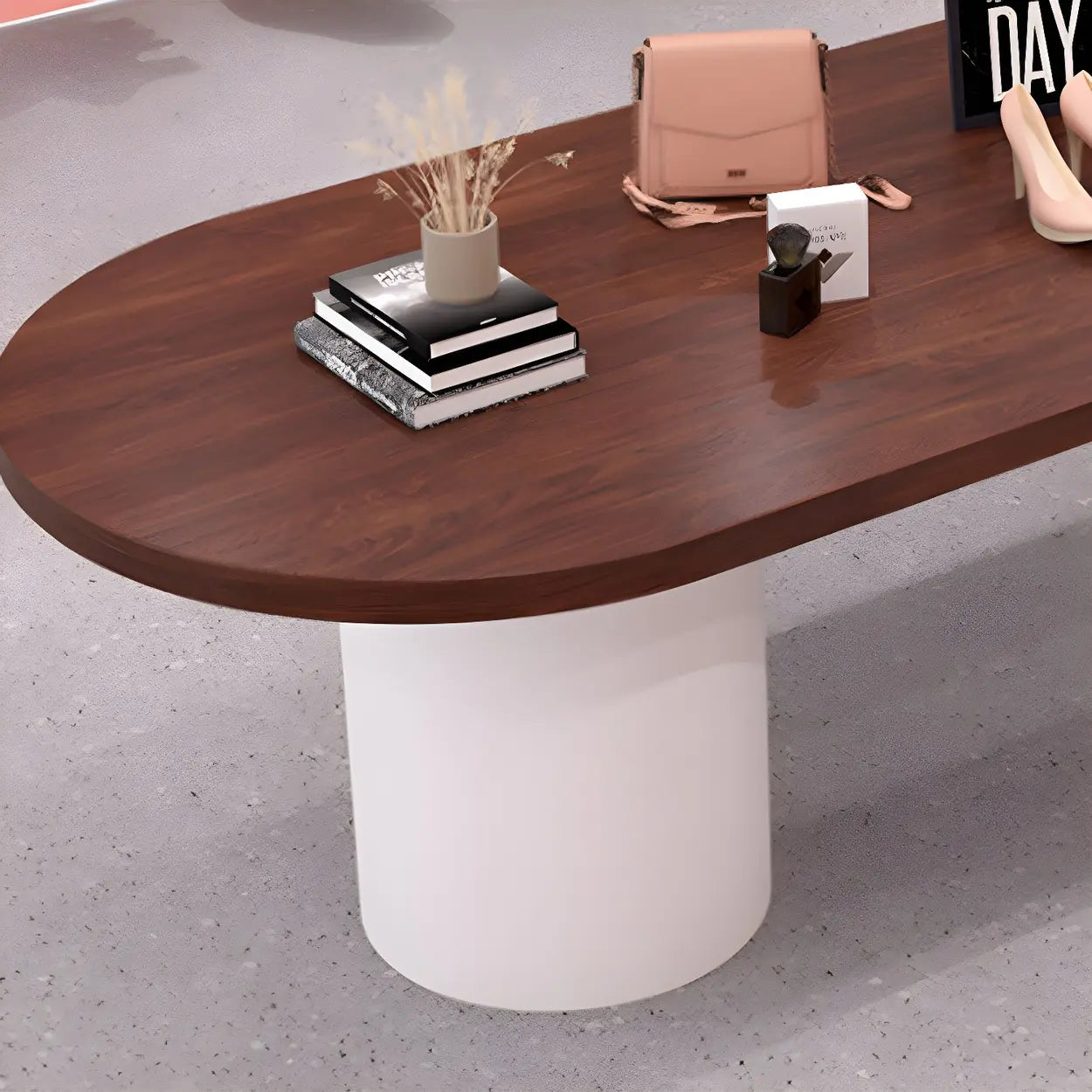Oval Brown Wood Top White Base Reception Desk — Table Only