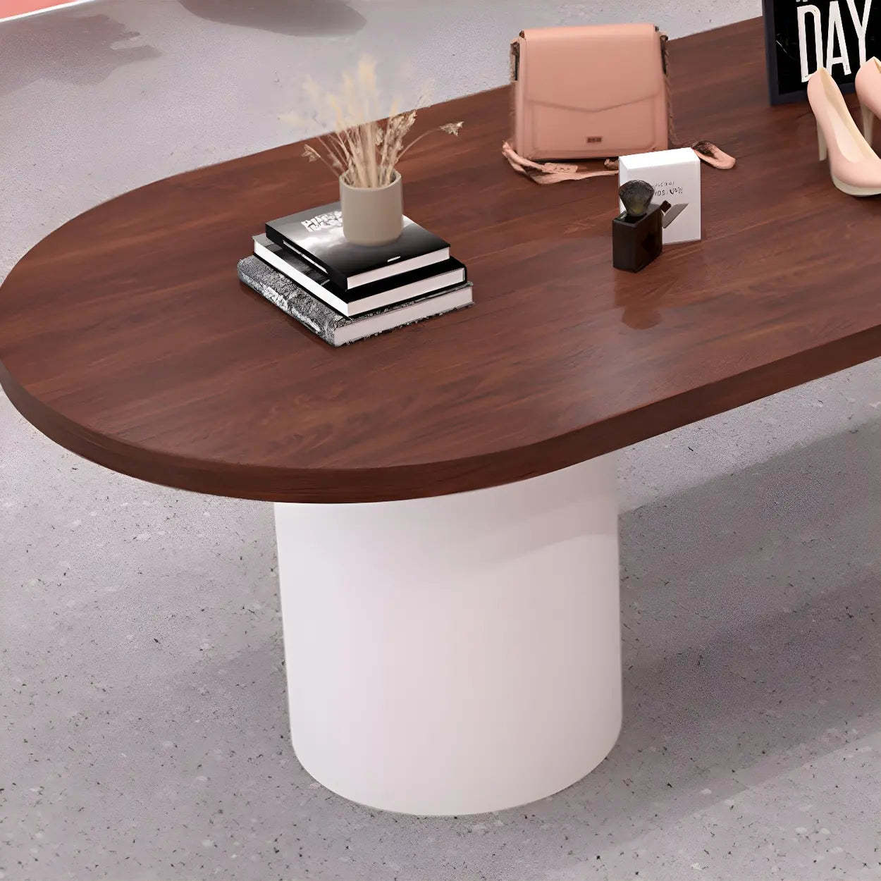 Oval Brown Wood Top White Base Reception Desk — Table Only
