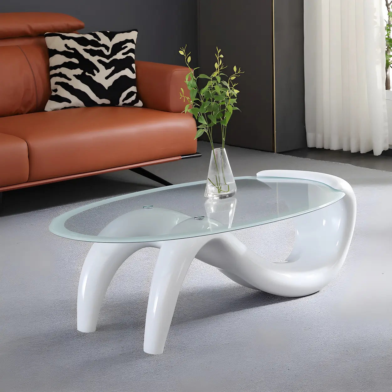 Oval Glass Abstract Metal Base Coffee Table — Black