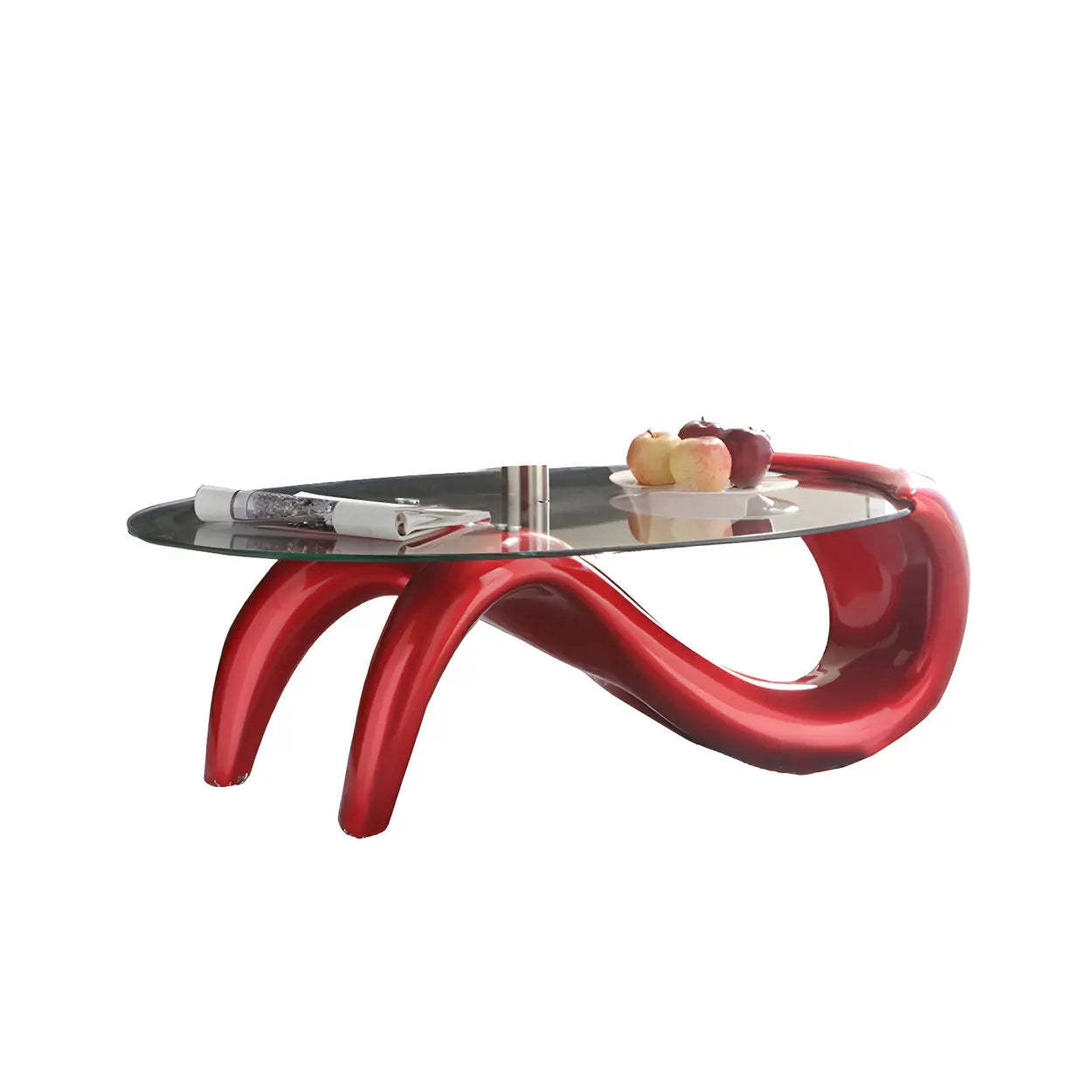 Oval Glass Abstract Metal Base Coffee Table — Red