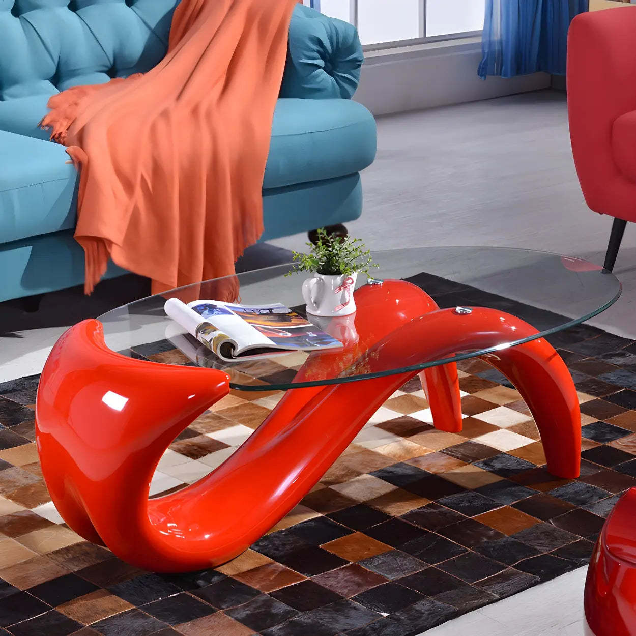 Oval Glass Abstract Metal Base Coffee Table — Burgundy