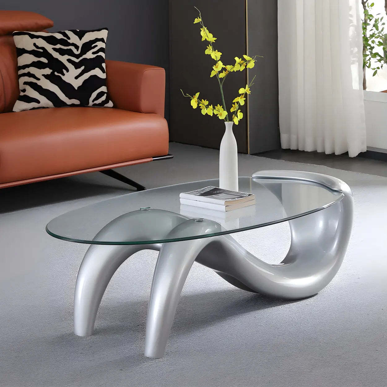 Oval Glass Abstract Metal Base Coffee Table — White-Clear