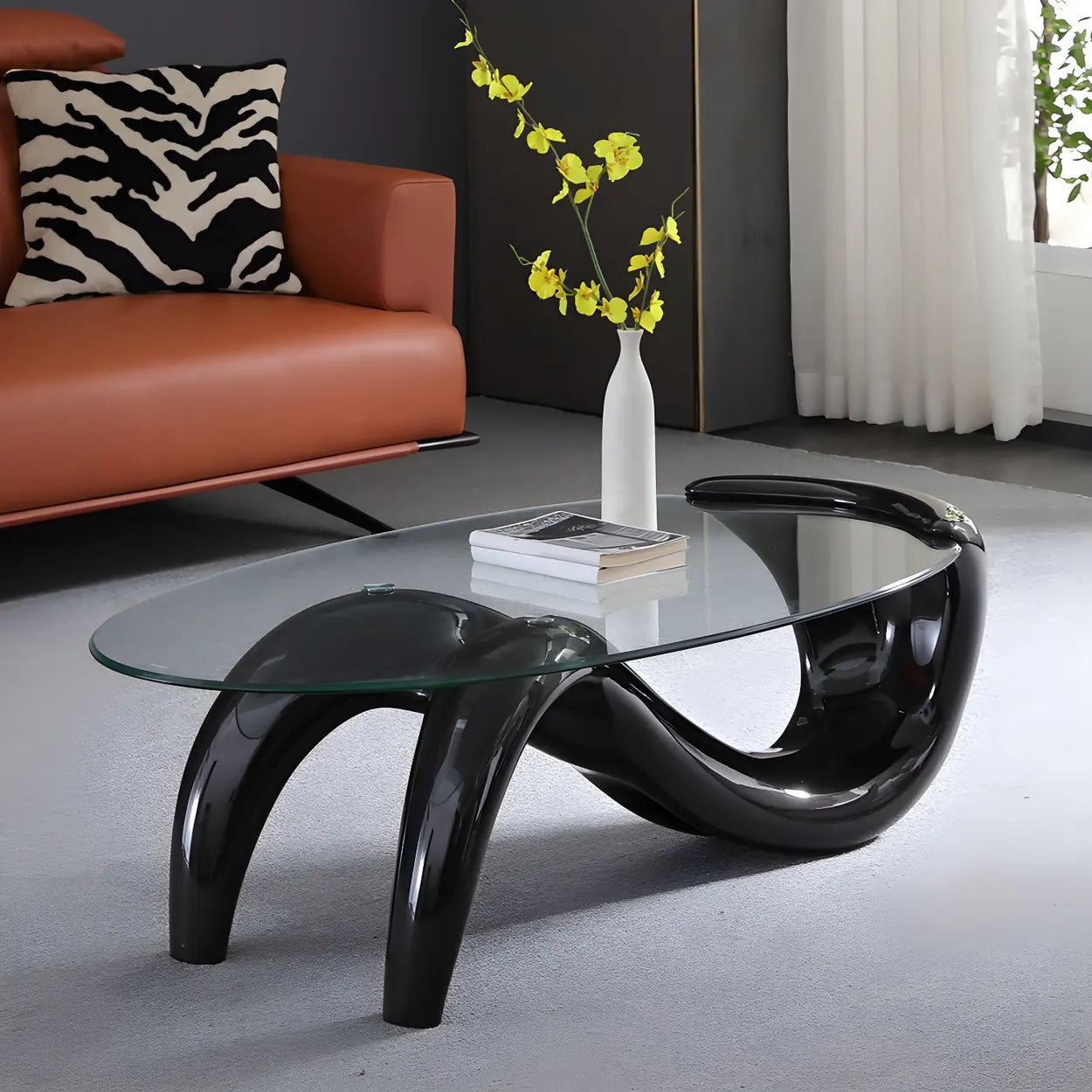 Oval Glass Abstract Metal Base Coffee Table — Silver