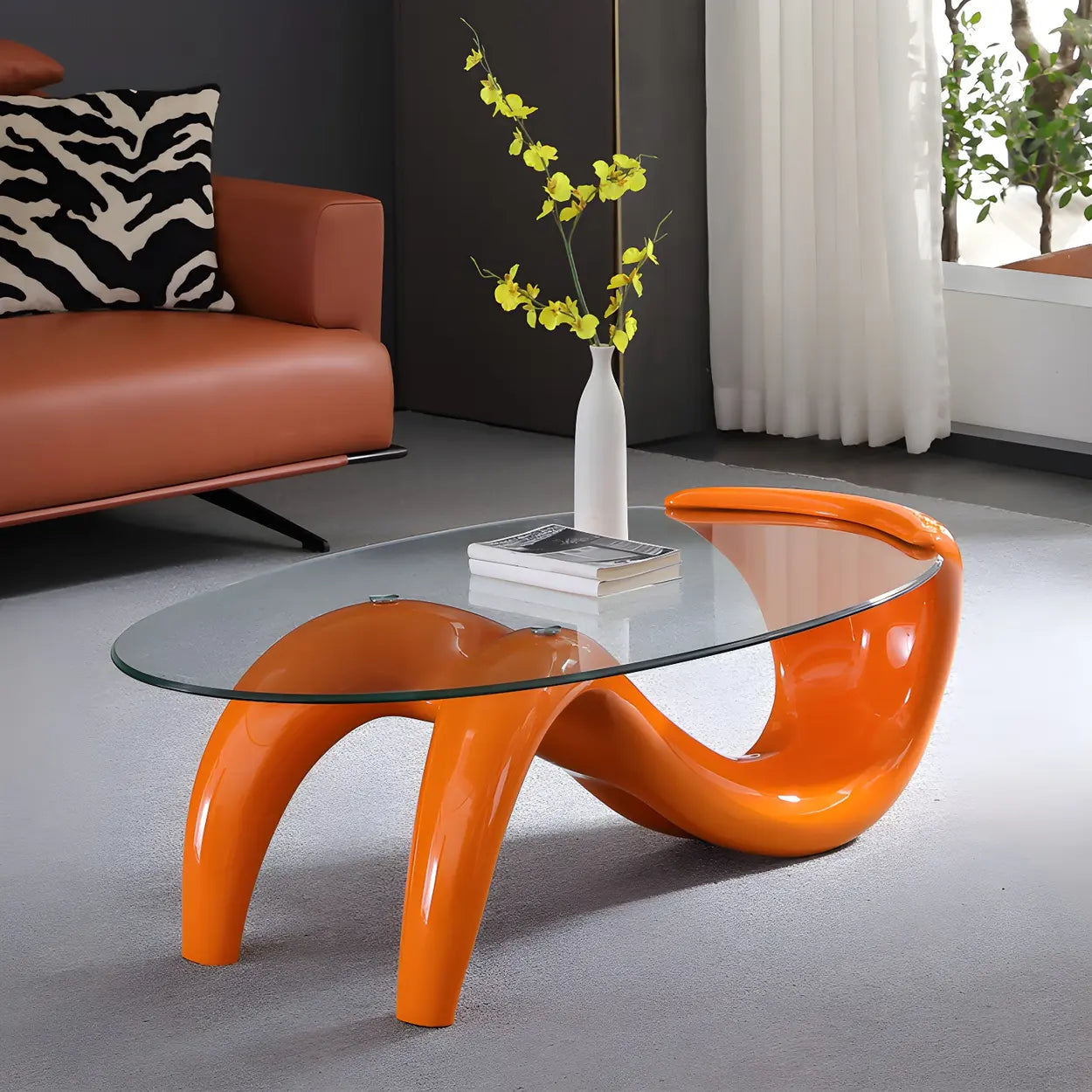 Oval Glass Abstract Metal Base Coffee Table
