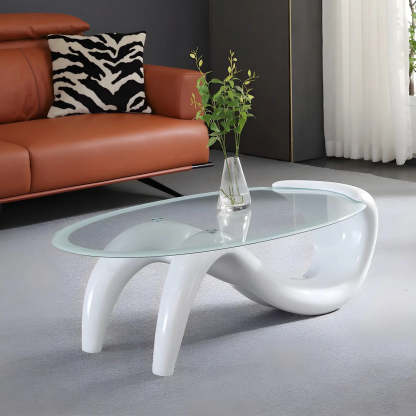Oval Glass Abstract Metal Base Coffee Table — Black