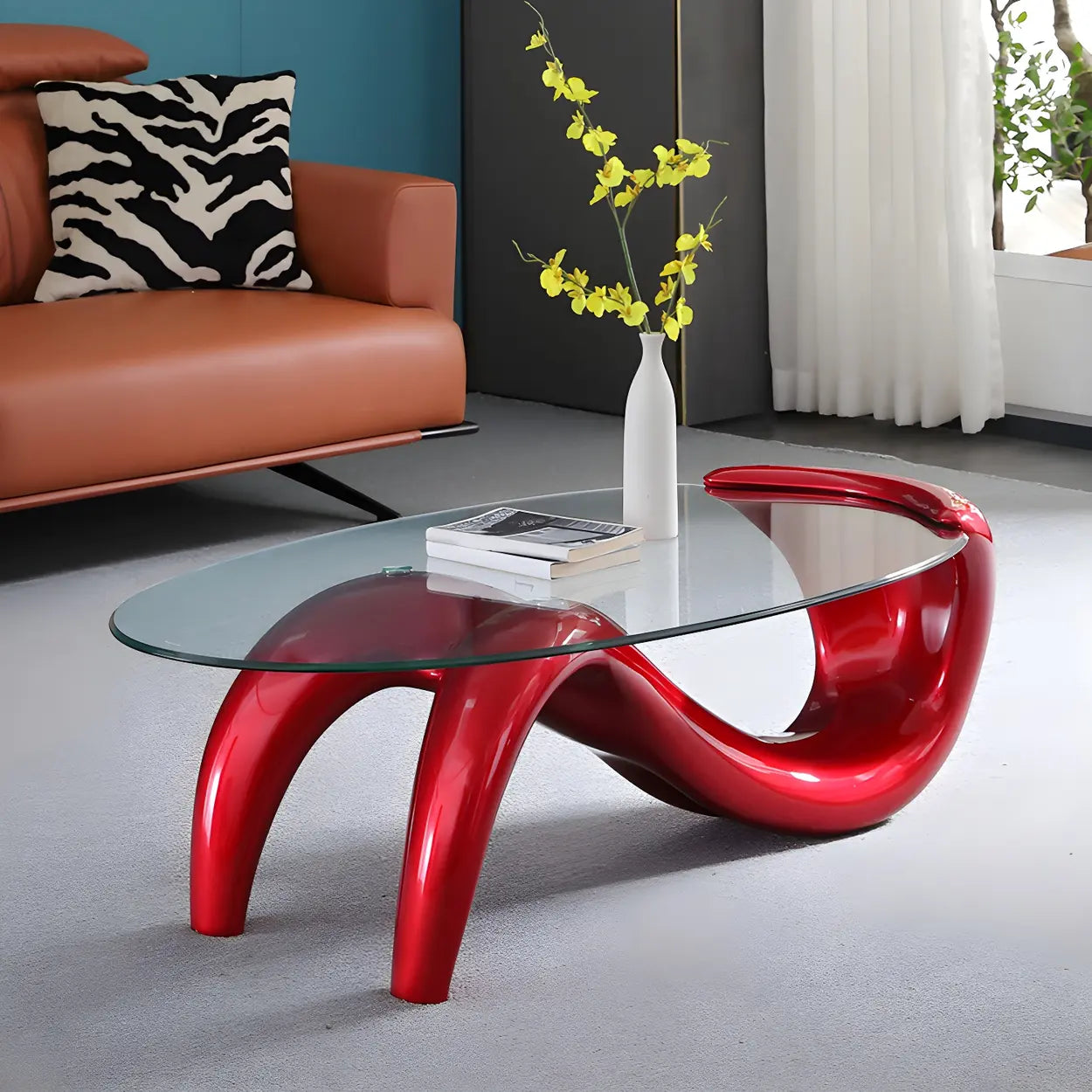 Oval Glass Abstract Metal Base Coffee Table — White