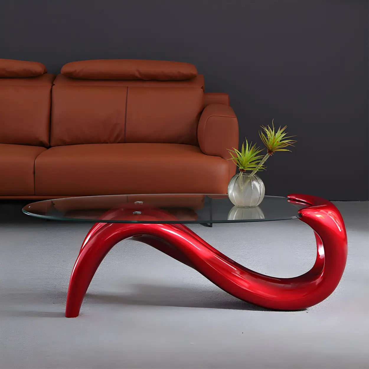 Oval Glass Abstract Metal Base Coffee Table — Red